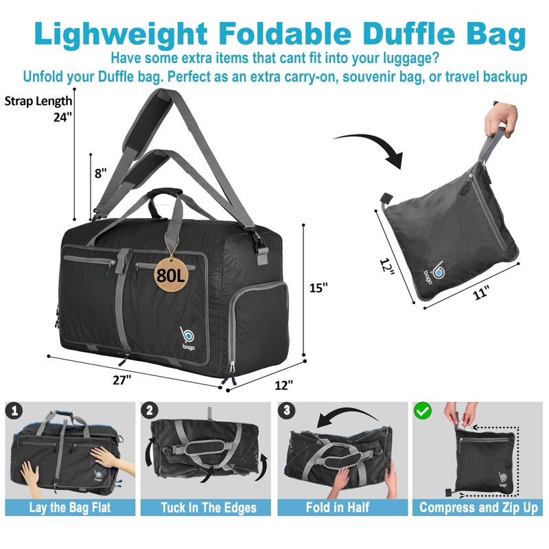 Bago Large Foldable Duffel Bags for Traveling Women & Men - 80L Packable Duffle Bag for Travel with Shoe Compartment - Water Repellant, Heavy Duty, Lightweight Folding & Collapsible (Black) - Image 3